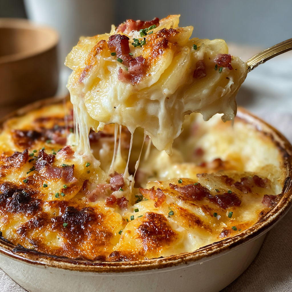 Un bol garni de Délice Gratiné à la Mozzarella et Lardons croustillants est posé sur une table.