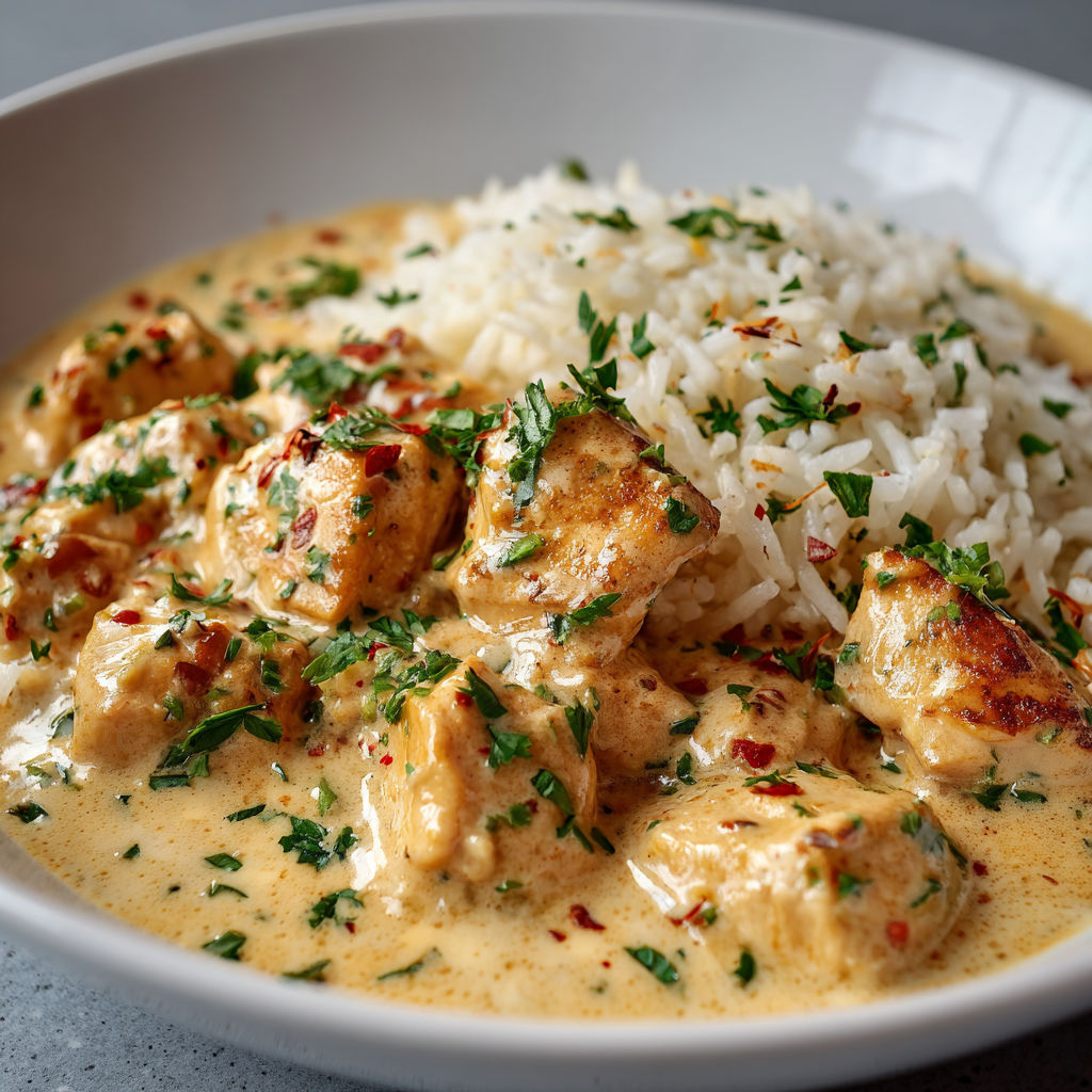 Un bol blanc rempli d’un duo crémeux de poulet et riz, décoré d’herbes et d’épices.
