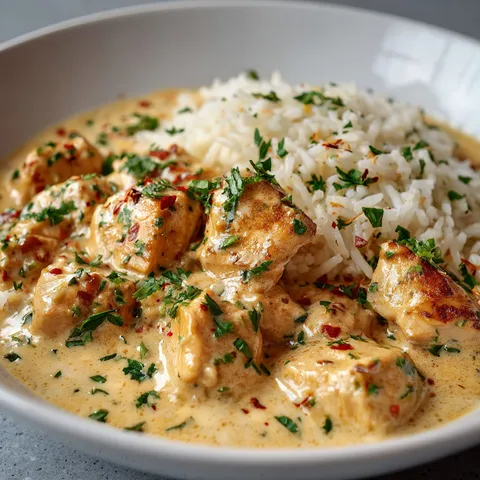 Un bol blanc rempli d’un duo crémeux de poulet et riz, décoré d’herbes et d’épices.