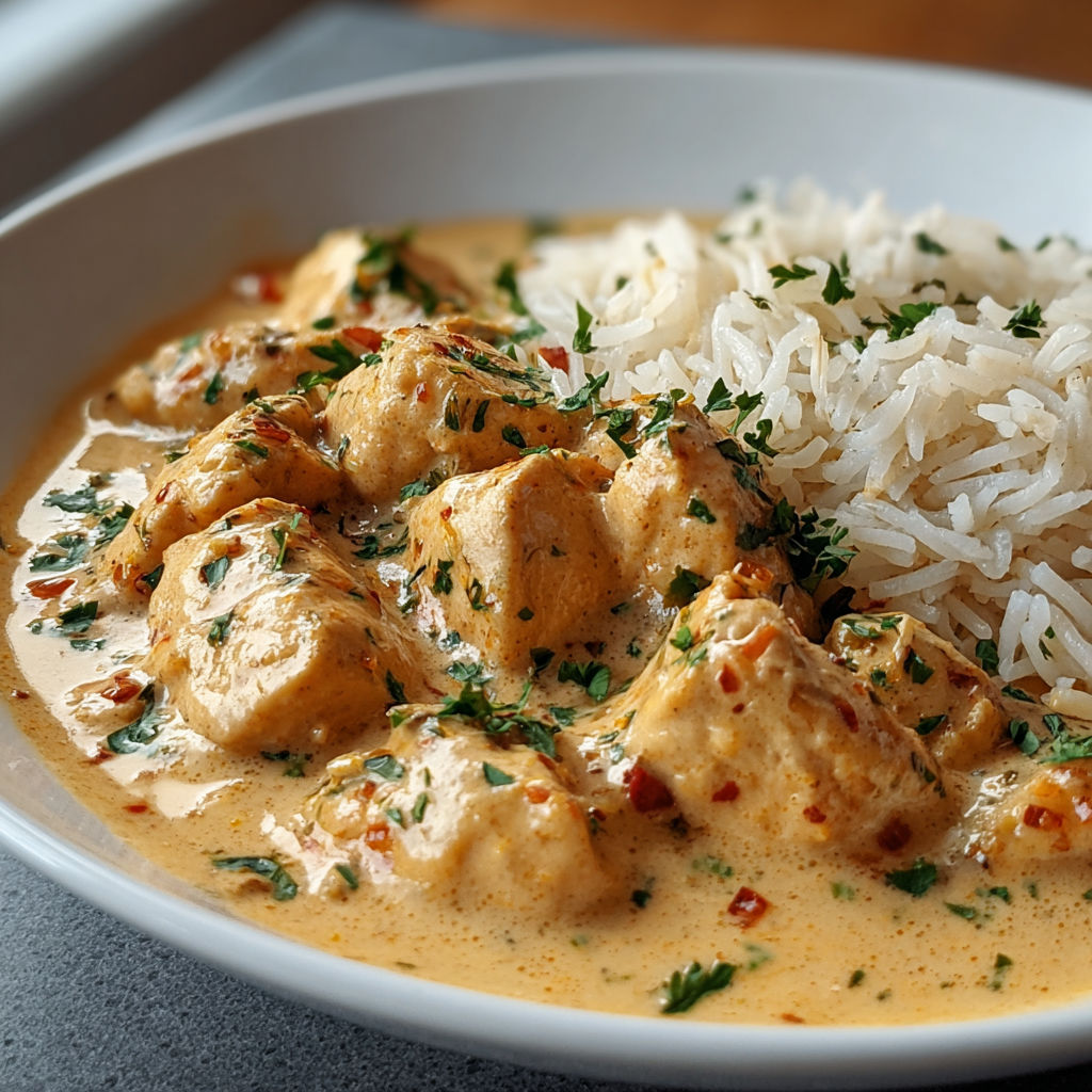 Un bol de poulet mijoté avec du riz, des herbes fraîches et des épices, le tout bien crémeux.