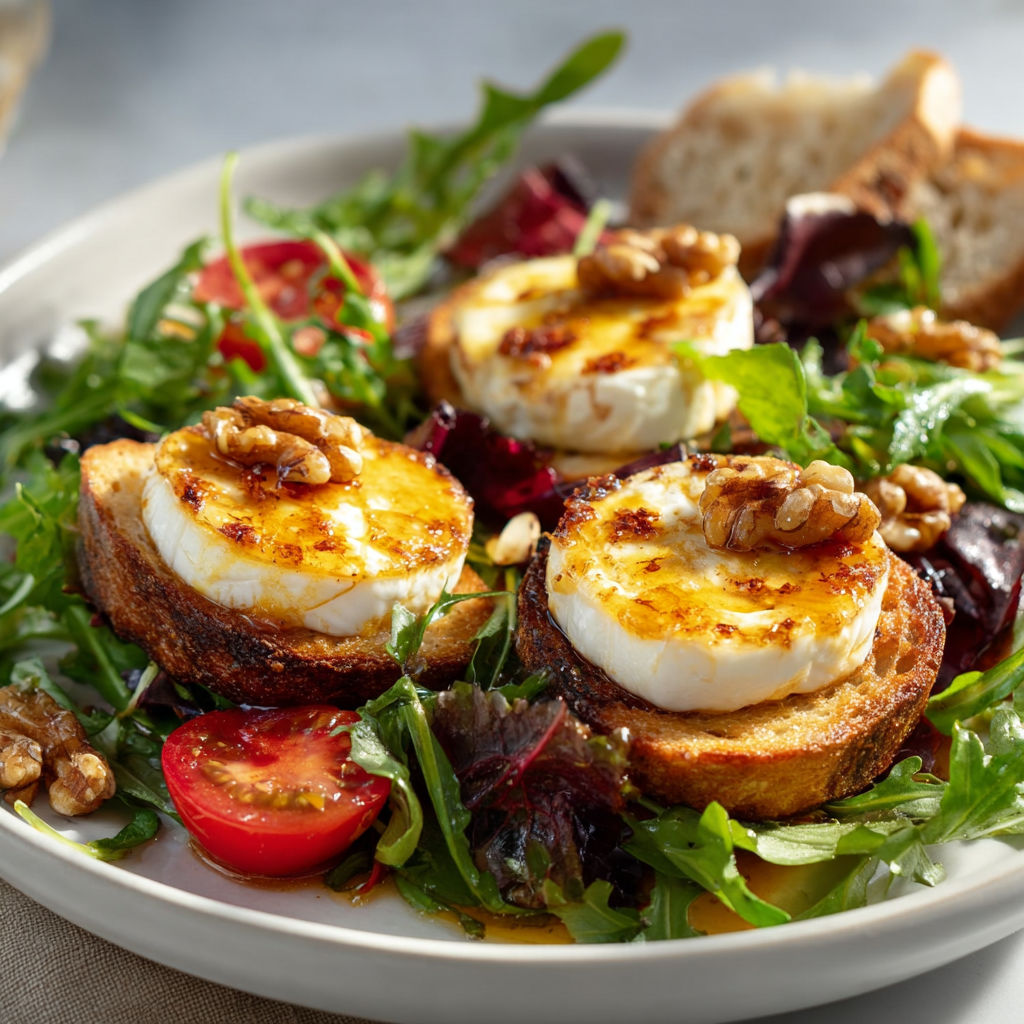 Salade croquante au chèvre chaud, noix, tomates et pain grillé, présentée sur un plateau appétissant.