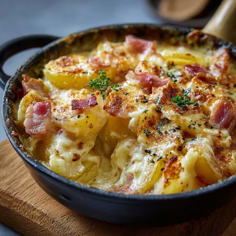 Délicieuse tartiflette dorée à partager dans une poêle.