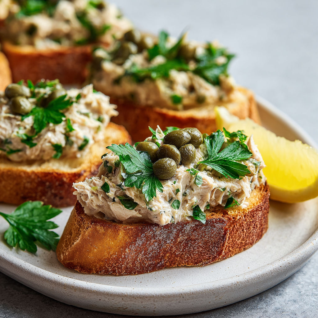 Un plateau garni de tartines au thon, câpres et citron.
