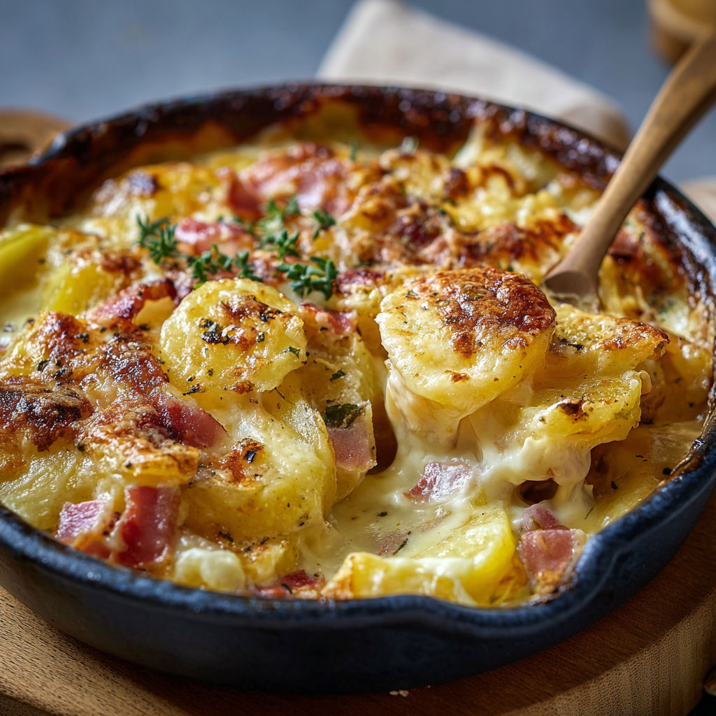 Une tartiflette express faite à la poêle avec pommes de terre, lardons, le tout servi dans une cocotte noire.