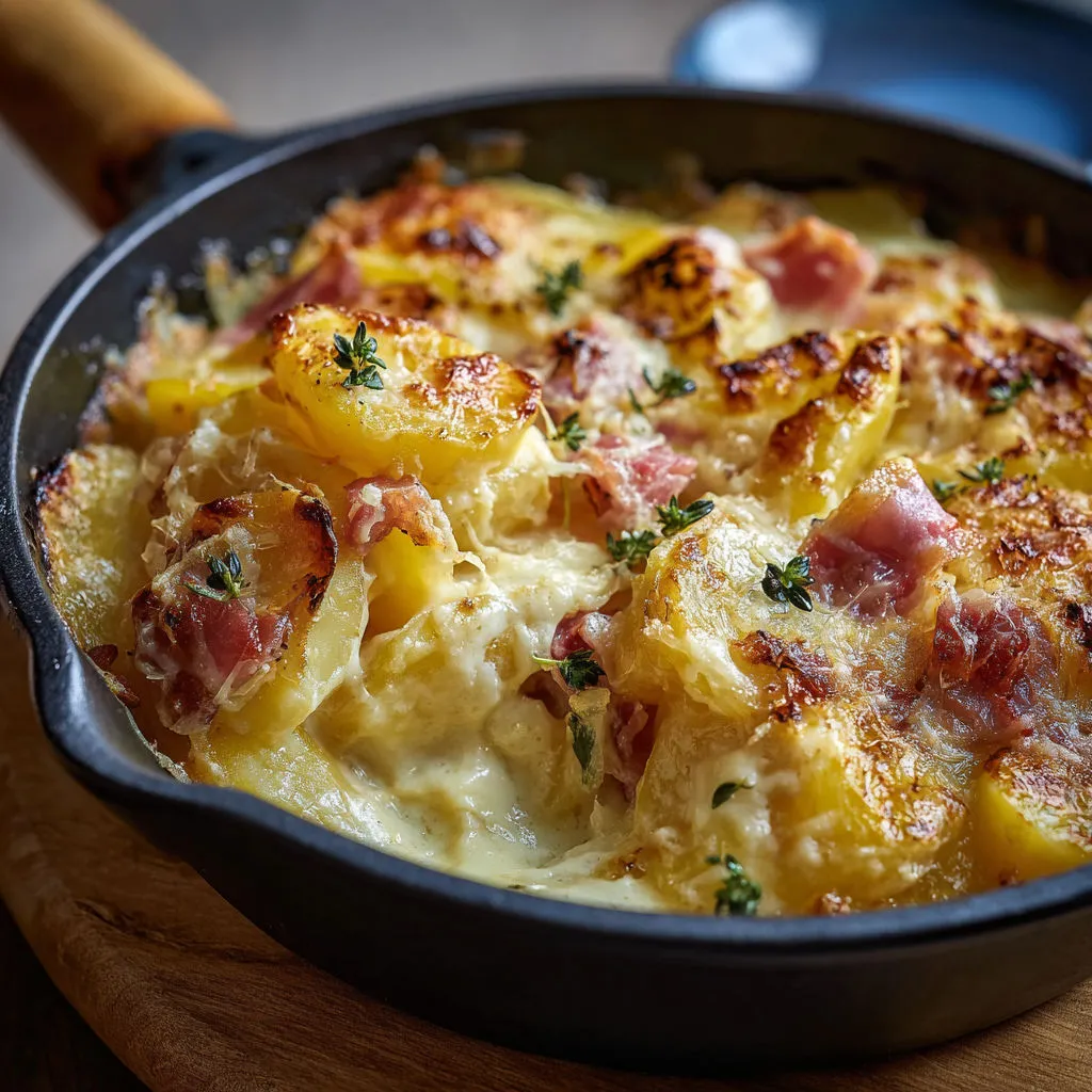 Tartiflette à la poêle bien gratinée dans une assiette noire.