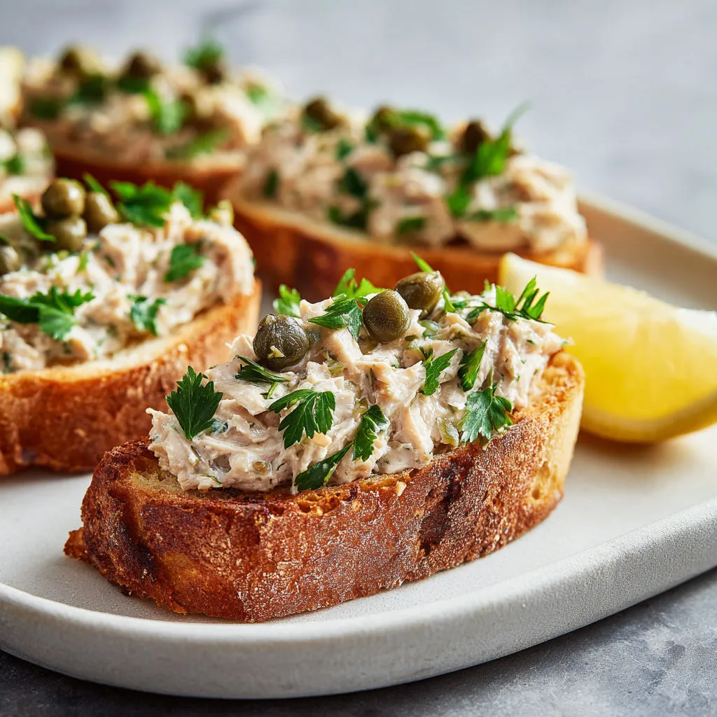 Assiette de tartines au thon avec concombre et salade sur le côté.