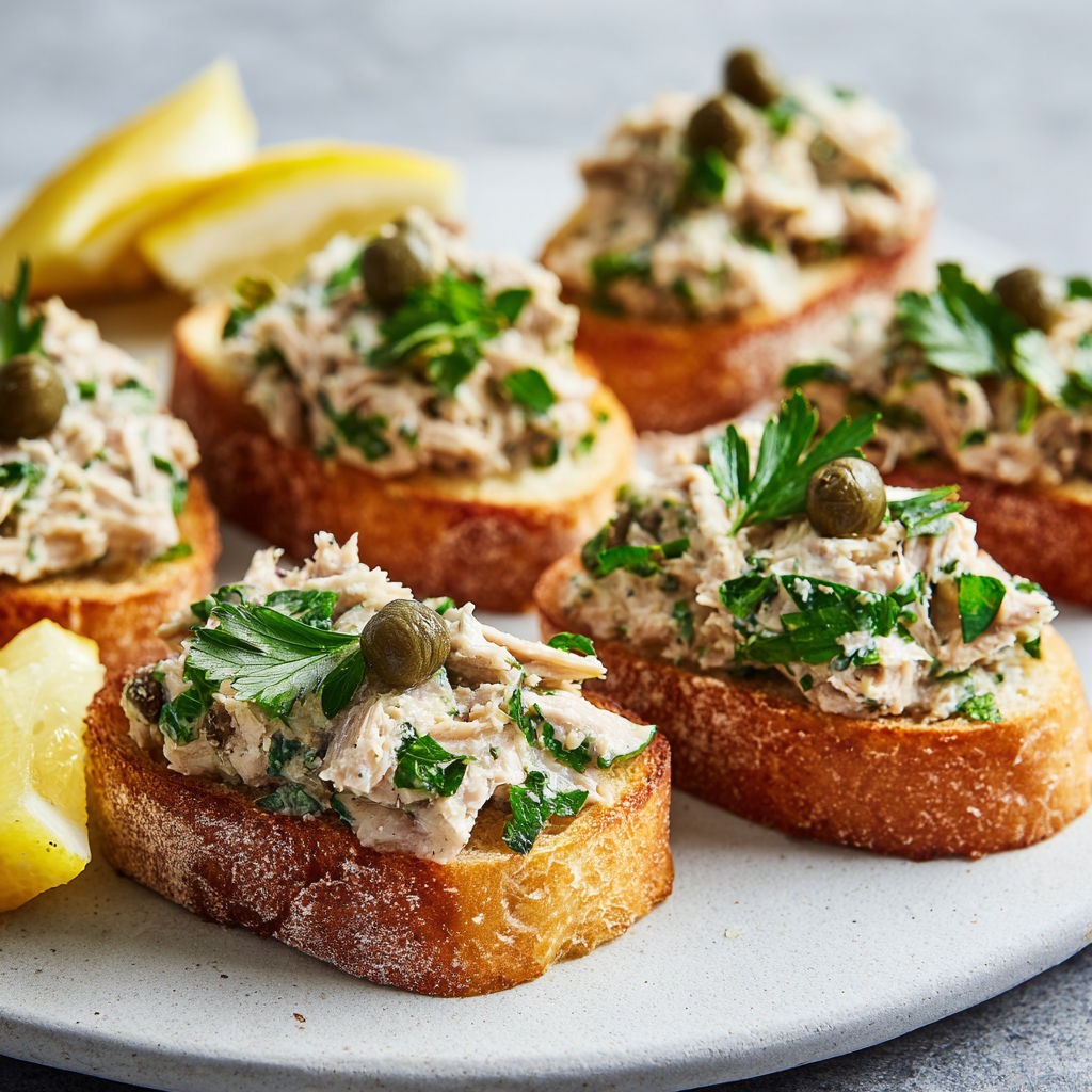 Planche de pain grillé avec thon en conserve et tranches de citron.