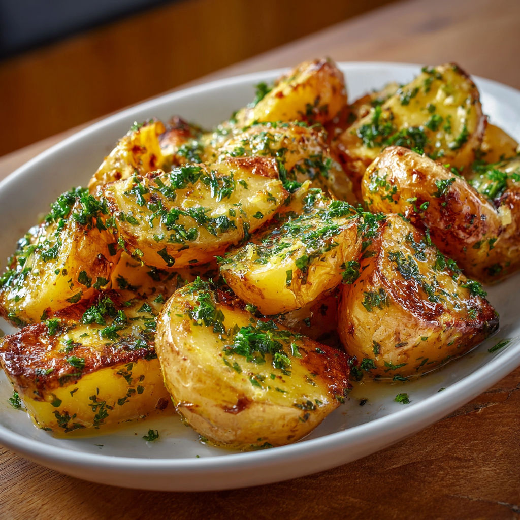 Une assiette de patates dorées aux herbes fraîches et quelques légumes grillés.