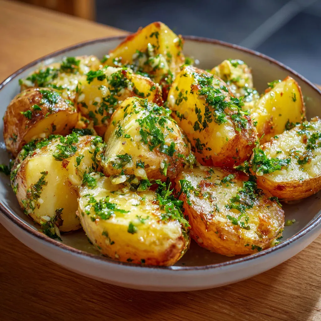 Une assiette de pommes de terre dorées avec des herbes et des légumes grillés.