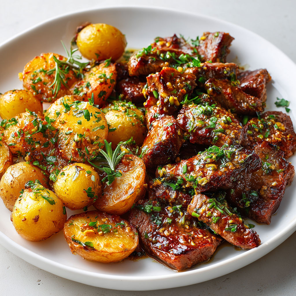 Un plat appétissant de bœuf croustillant accompagné de pommes de terre dorées aux herbes fraîchement coupées.