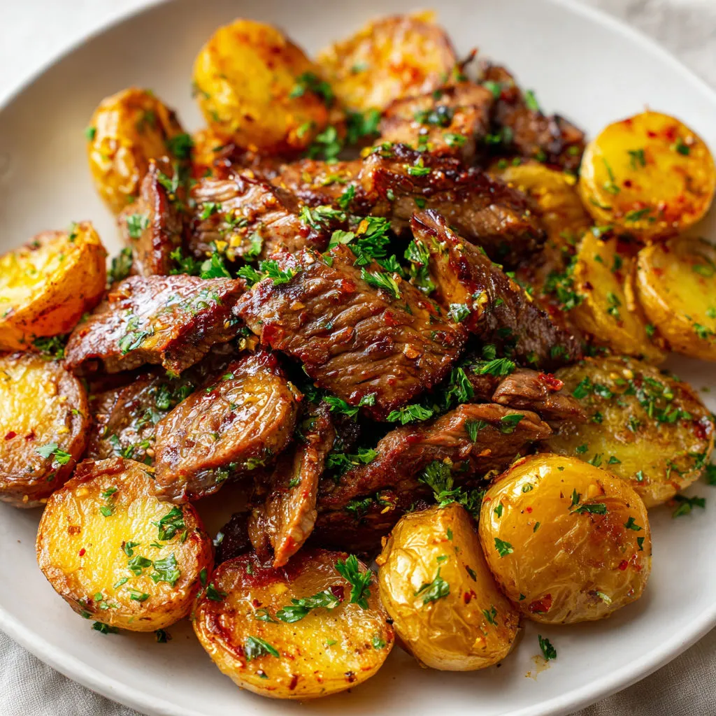 Assiette de viande grillée avec pommes de terre et herbes fraîches.