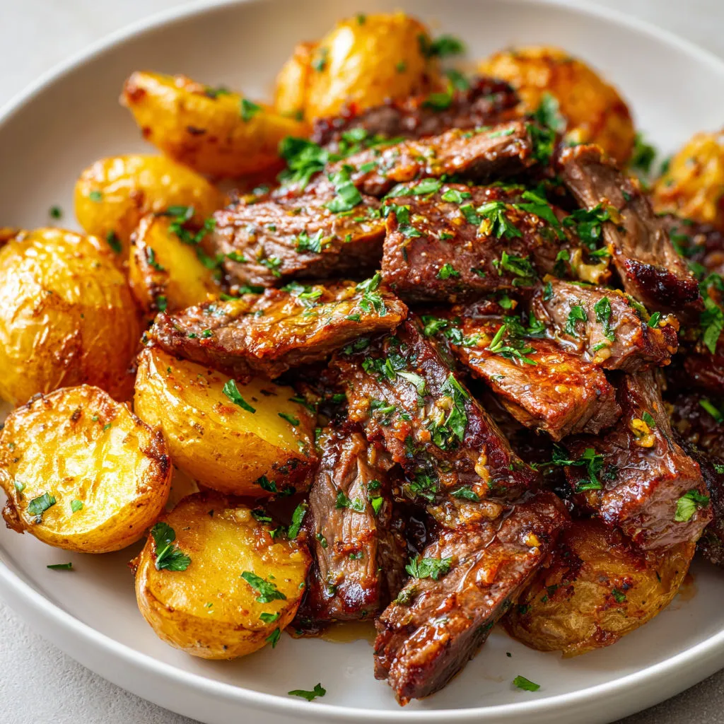 Salade de viande avec pommes de terre et herbes fraîches.