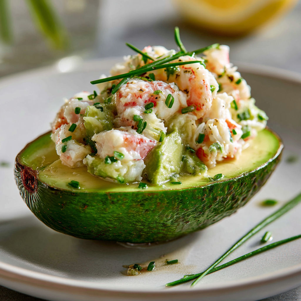 Un avocat rempli d’une garniture crevettes crabe fraîche.