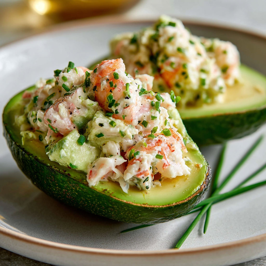 Une salade crevettes avocat dans une tomate bien présentée.