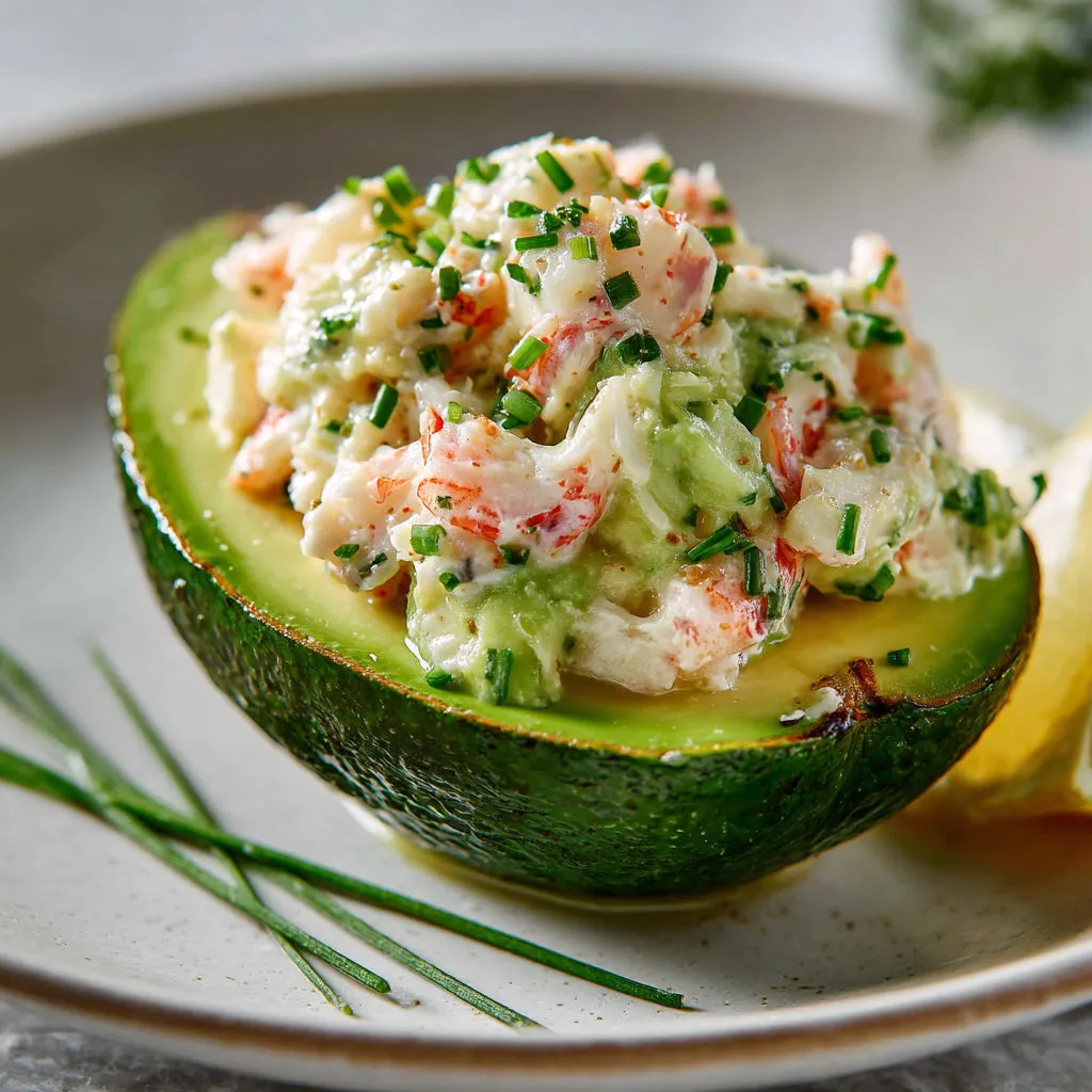 Un poivron vert rempli d’une salade de crevettes et de concombre.