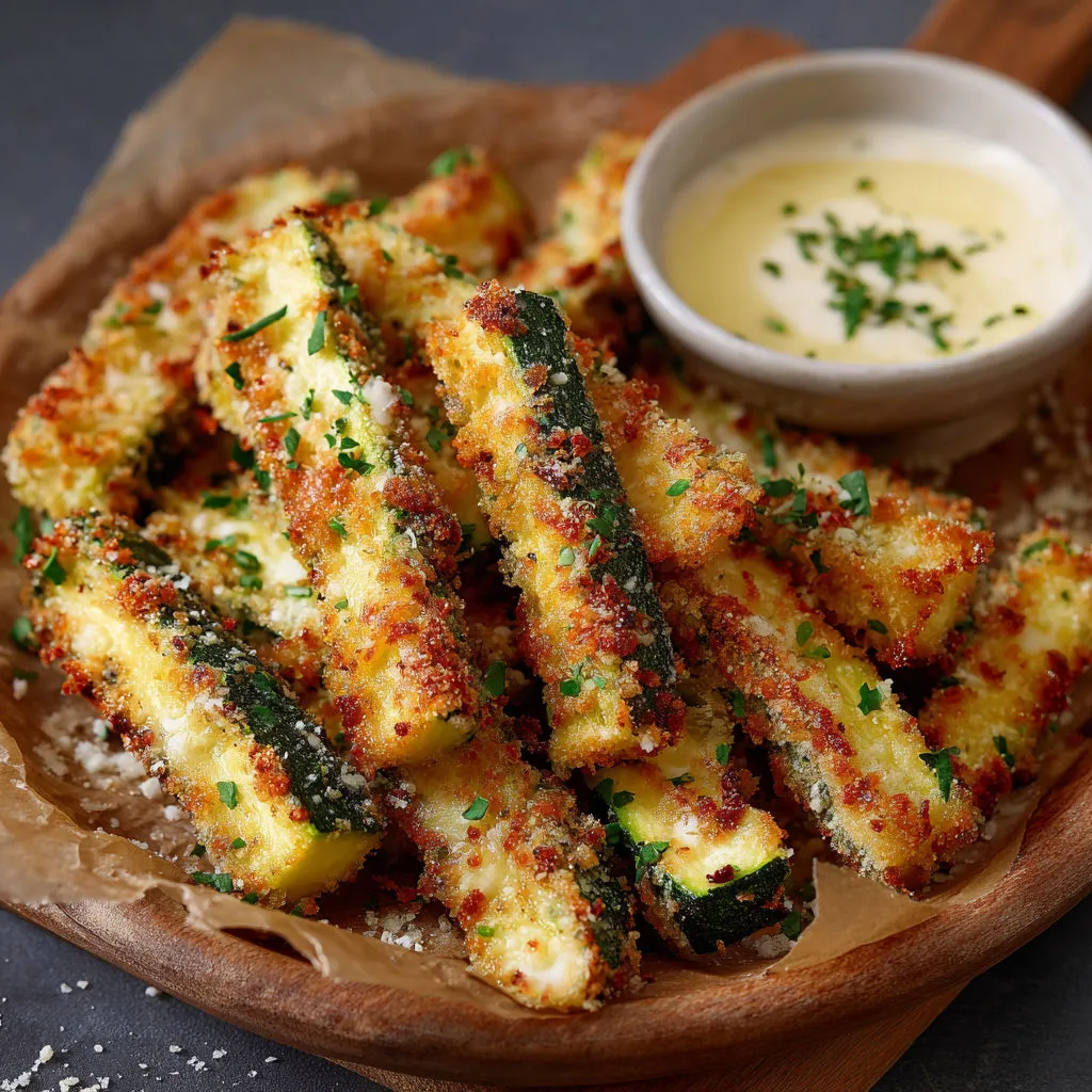 Des frites croustillantes de courgette avec une sauce au yaourt et des herbes fraîches.
