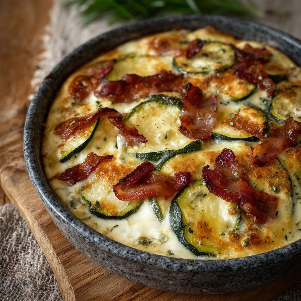 Plat garni de courgettes, lardons et chèvre tout juste sorti du four.