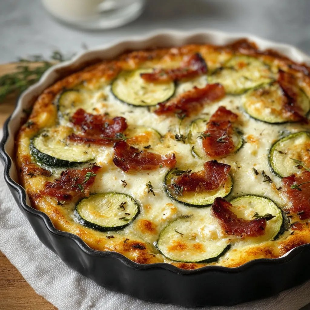 Clafoutis salé courgettes et chèvre, parsemé d’herbes et lardons, prêt à dîner.