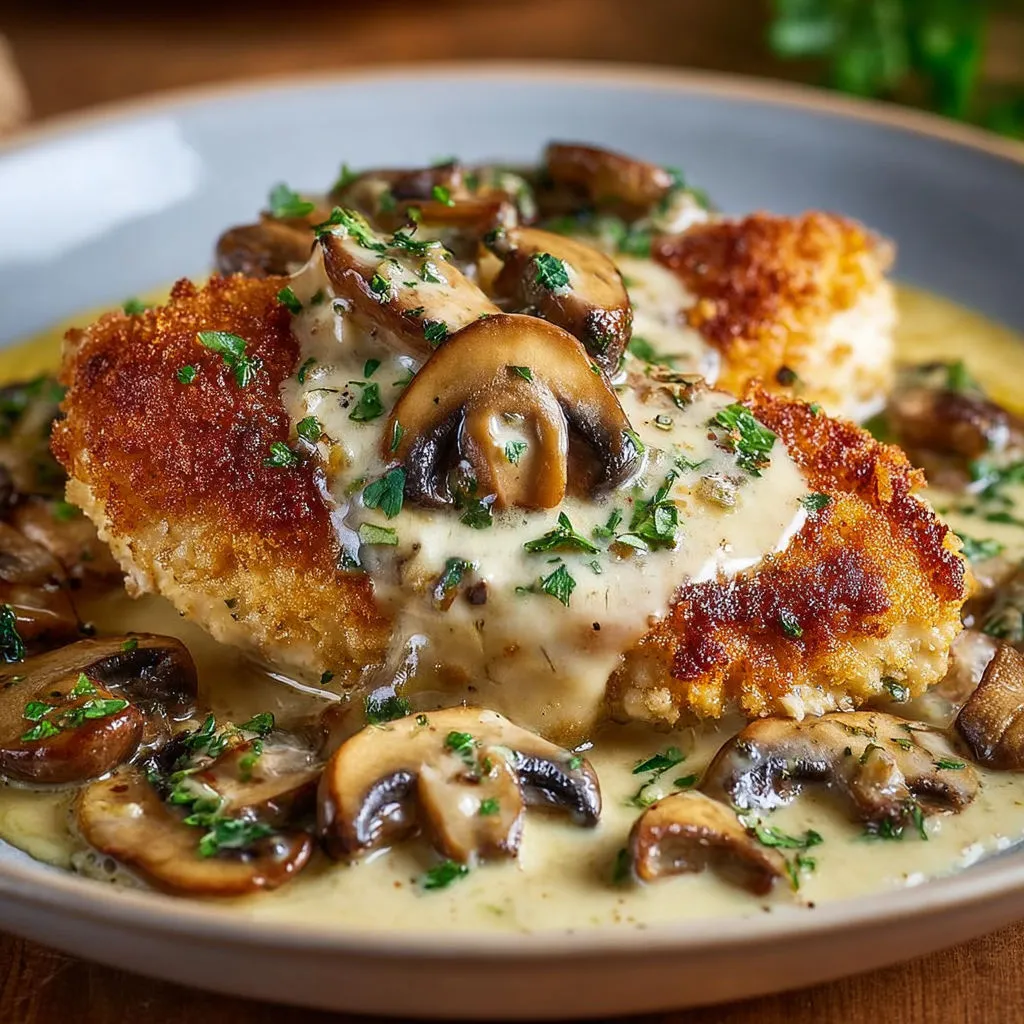 Plat de poulet croustillant et tendre avec une sauce crémeuse aux champignons et au parmesan.