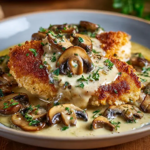Plat de poulet croustillant et tendre avec une sauce crémeuse aux champignons et au parmesan.