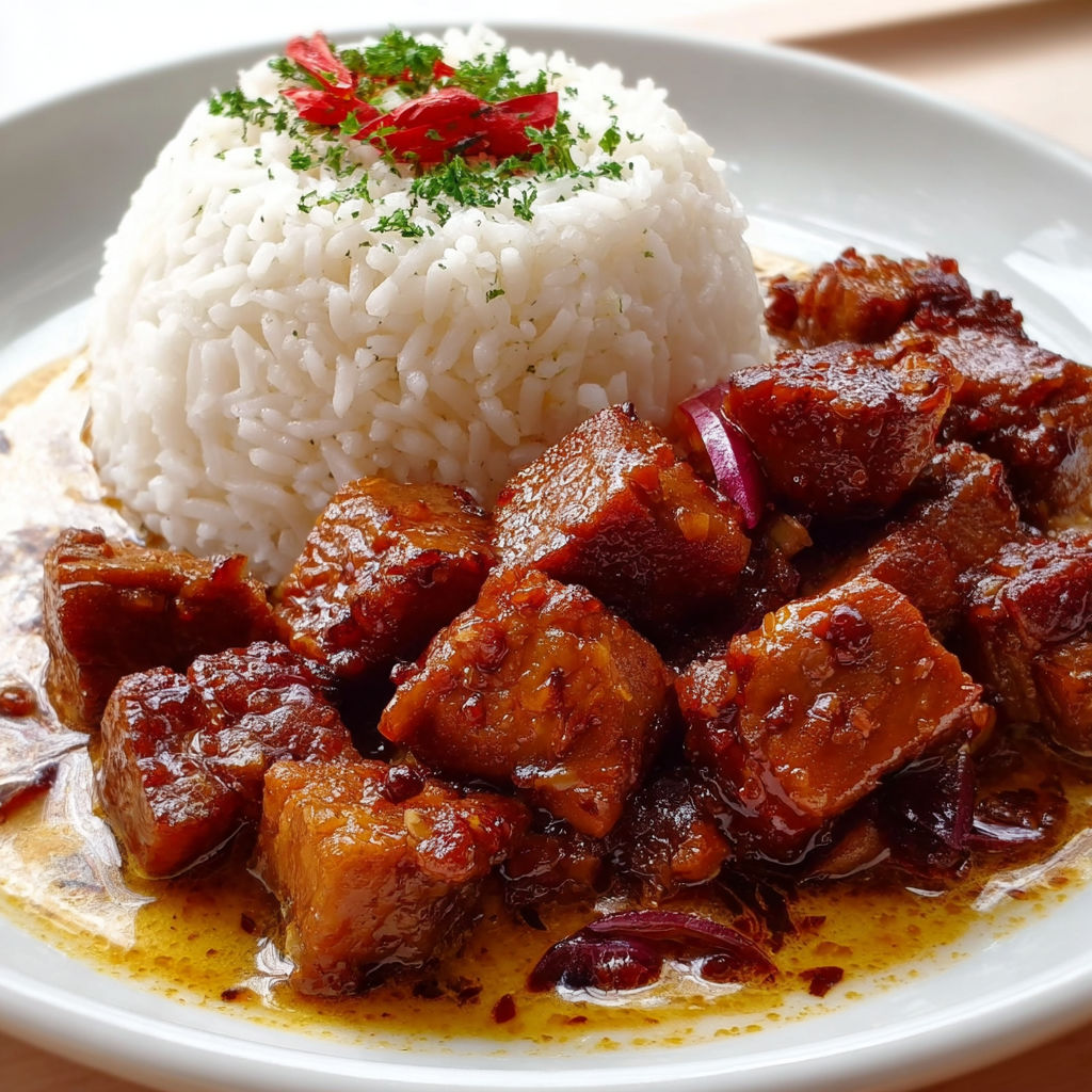 Plat appétissant de porc mijoté avec riz parfumé.