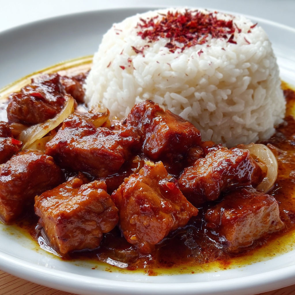 Une cocotte fumante de porc en sauce avec du riz prêt à côté.