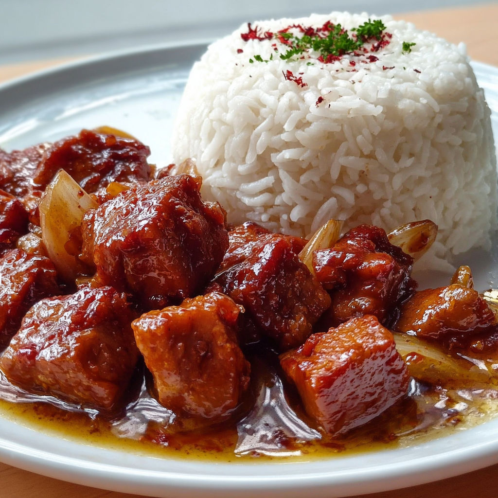Assiette de porc en sauce douce, accompagnée d’un bol de riz moelleux.
