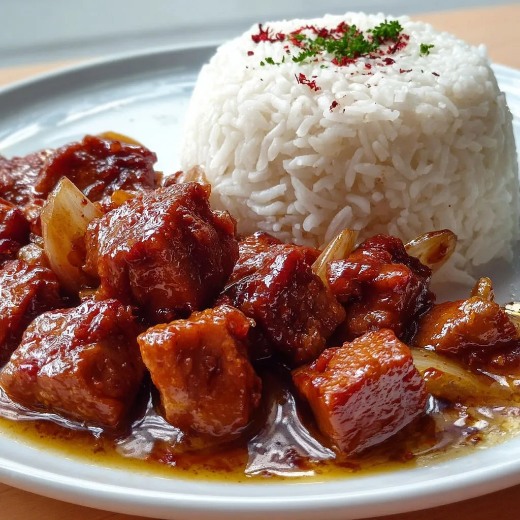 Assiette de porc en sauce douce, accompagnée d’un bol de riz moelleux.