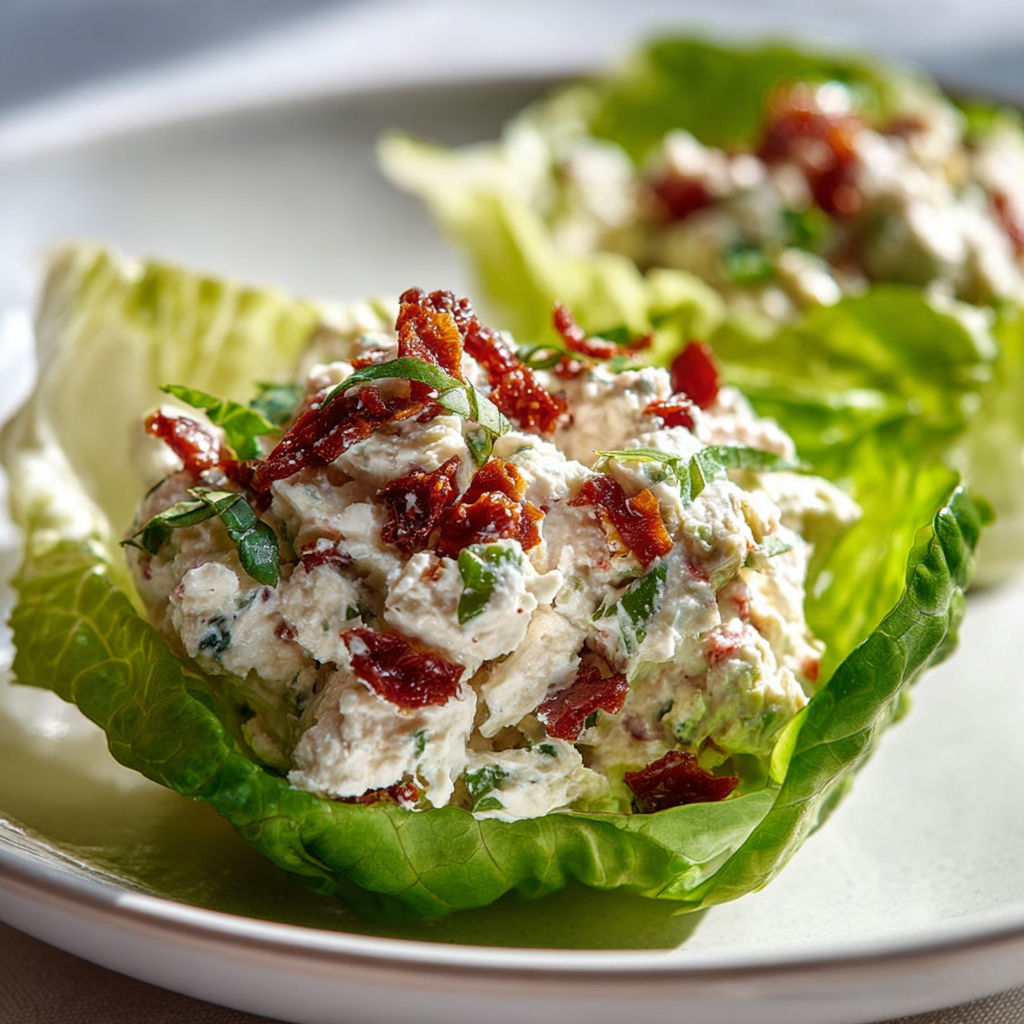 Feuilles de laitue garnies de jambon, ricotta et tomates séchées.