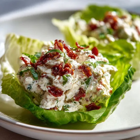 Feuilles de laitue garnies de jambon, ricotta et tomates séchées.