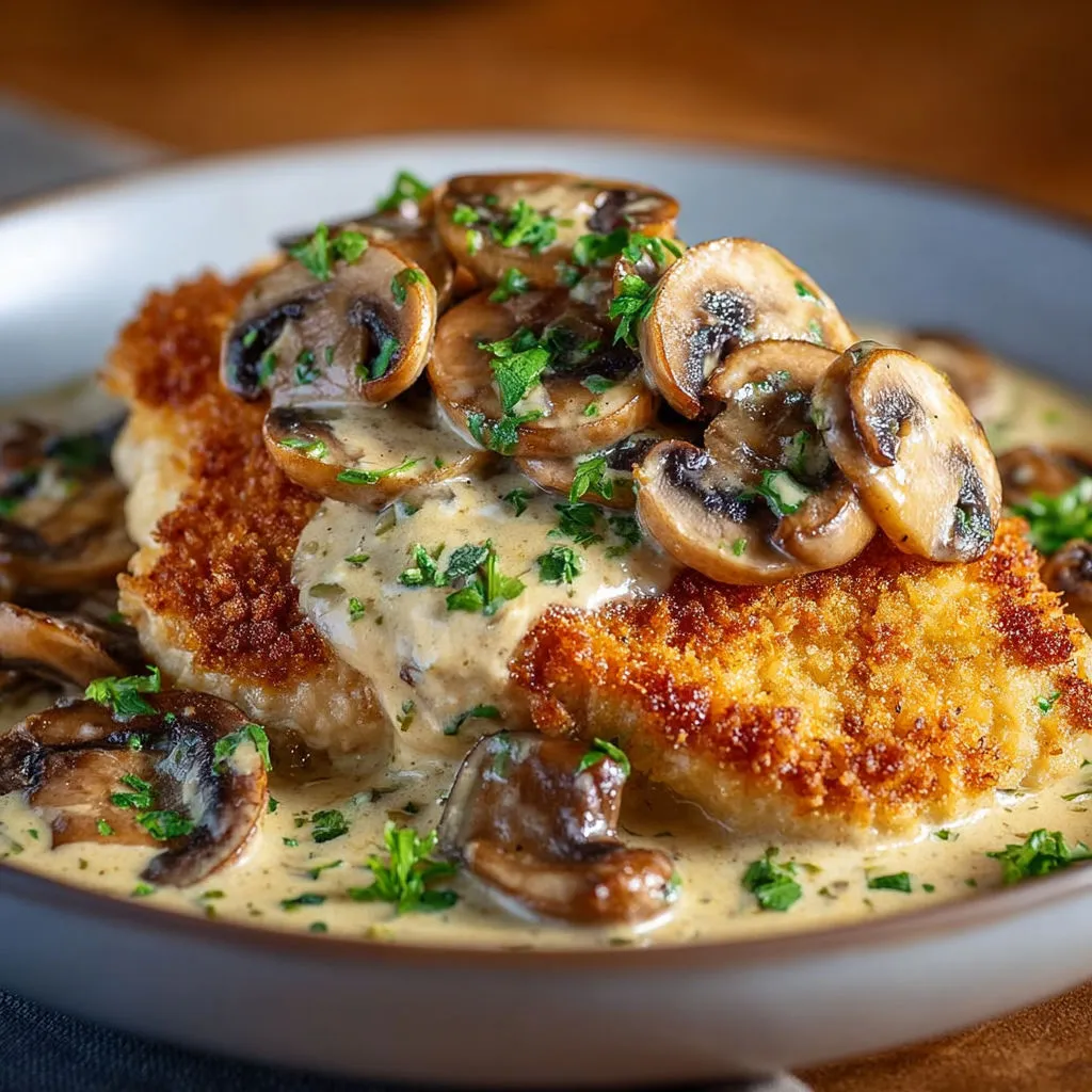 Du poulet croustillant avec une sauce crémeuse aux champignons et parmesan, servi dans un plat en verre.