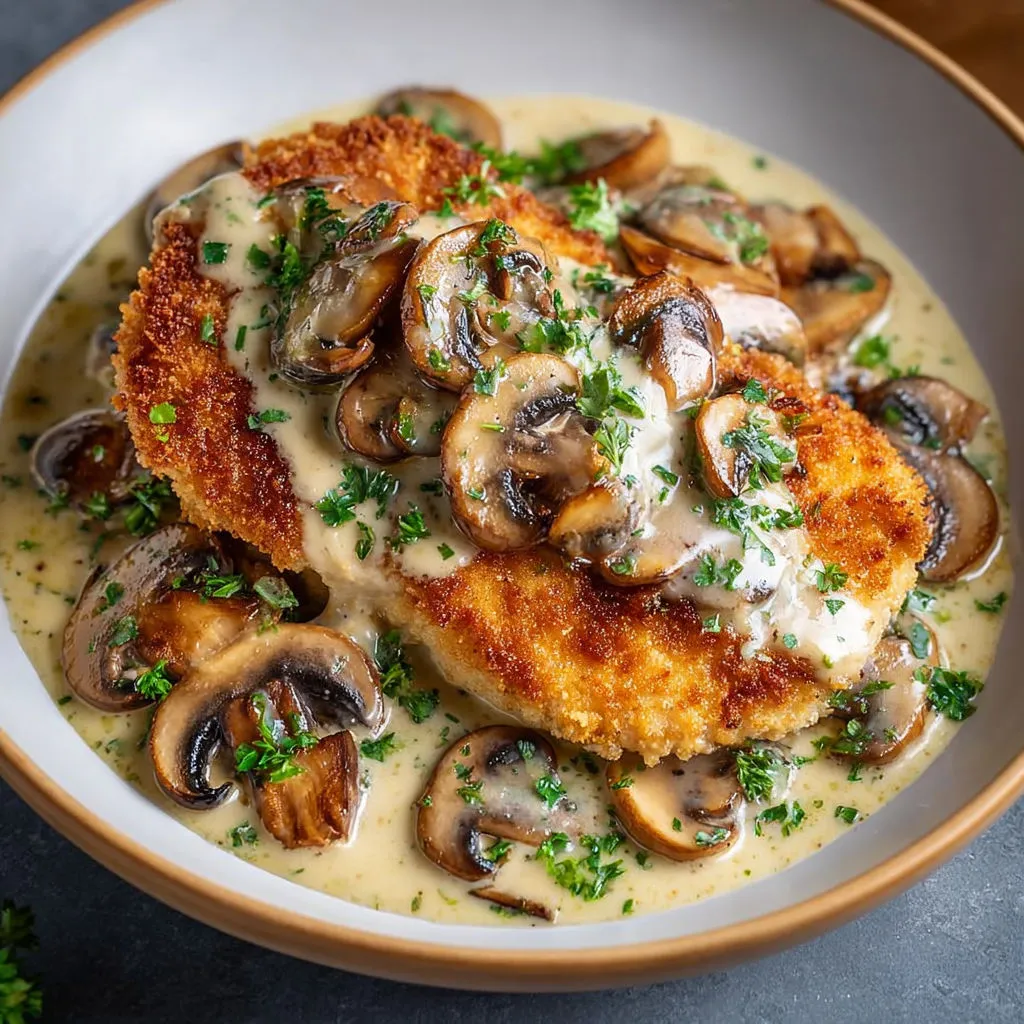 Assiette de poulet gourmand nappée de crème au parmesan, avec champignons et herbes, posée sur une table.