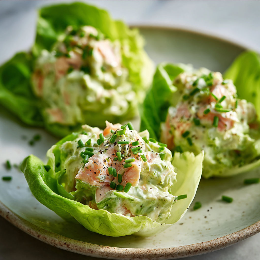 Laitue truite fumée, avocat et fromage blanc croquant.