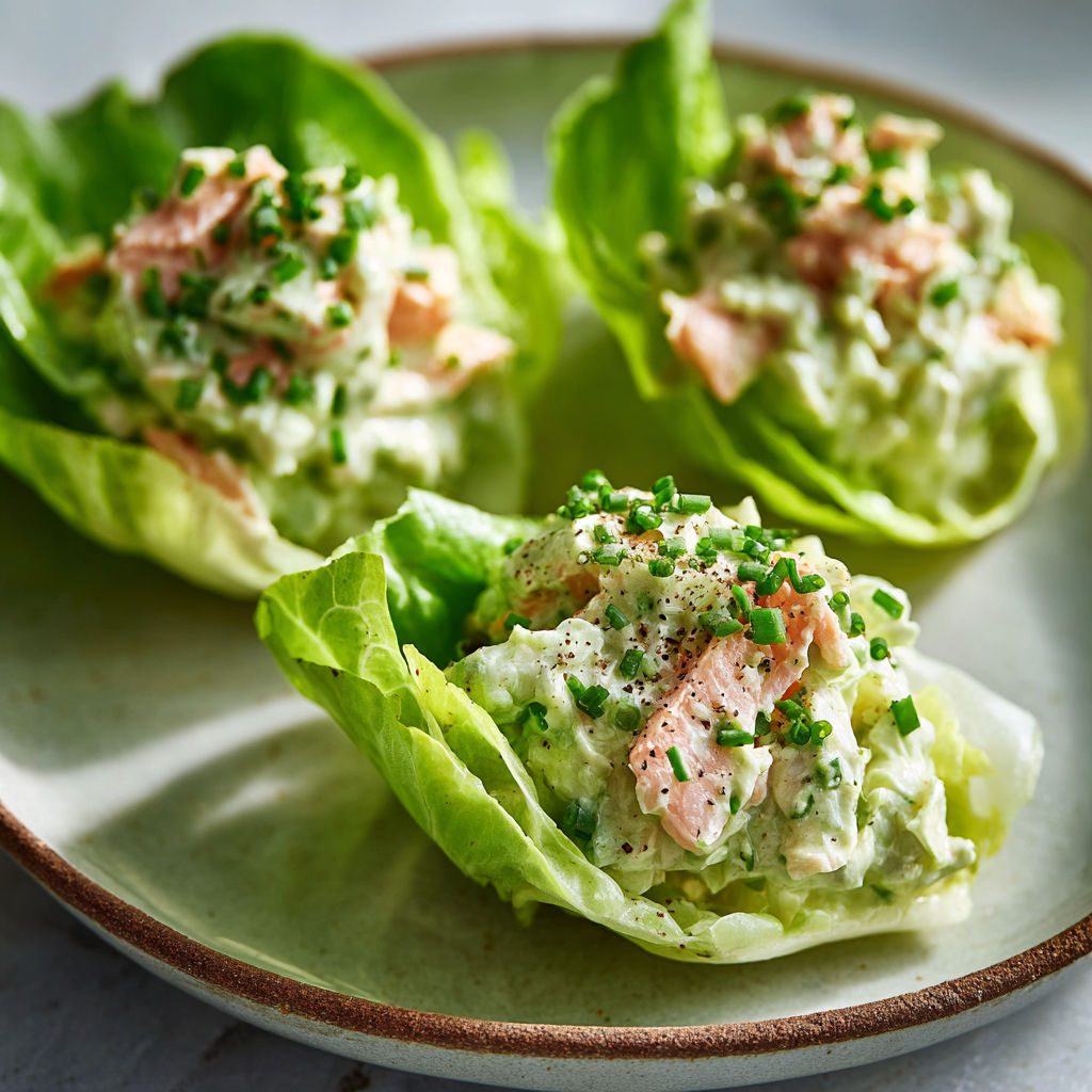 Jolie assiette de laitue croquante garnie d’avocat, truite et fromage blanc.