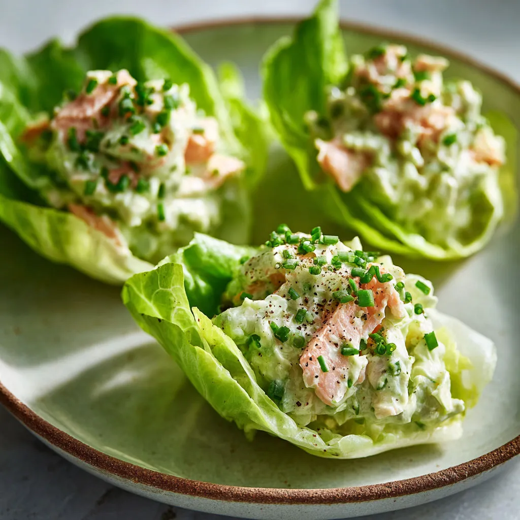 Jolie assiette de laitue croquante garnie d’avocat, truite et fromage blanc.