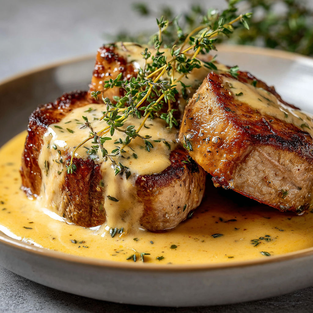 Du porc tendre avec sauce crémeuse au thym.