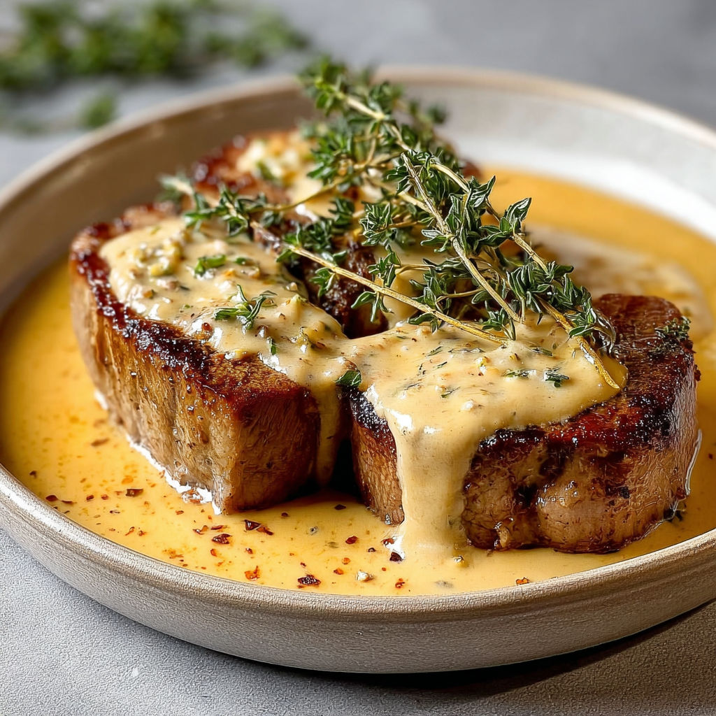 Du porc grillé nappé d’une sauce thym crémeuse et d’herbes fraîches.