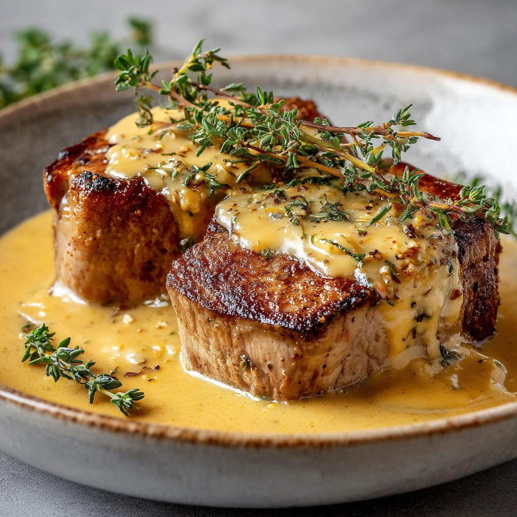 Porc doré, herbes et épices, servi avec une sauce crémeuse et une touche de fraîcheur.
