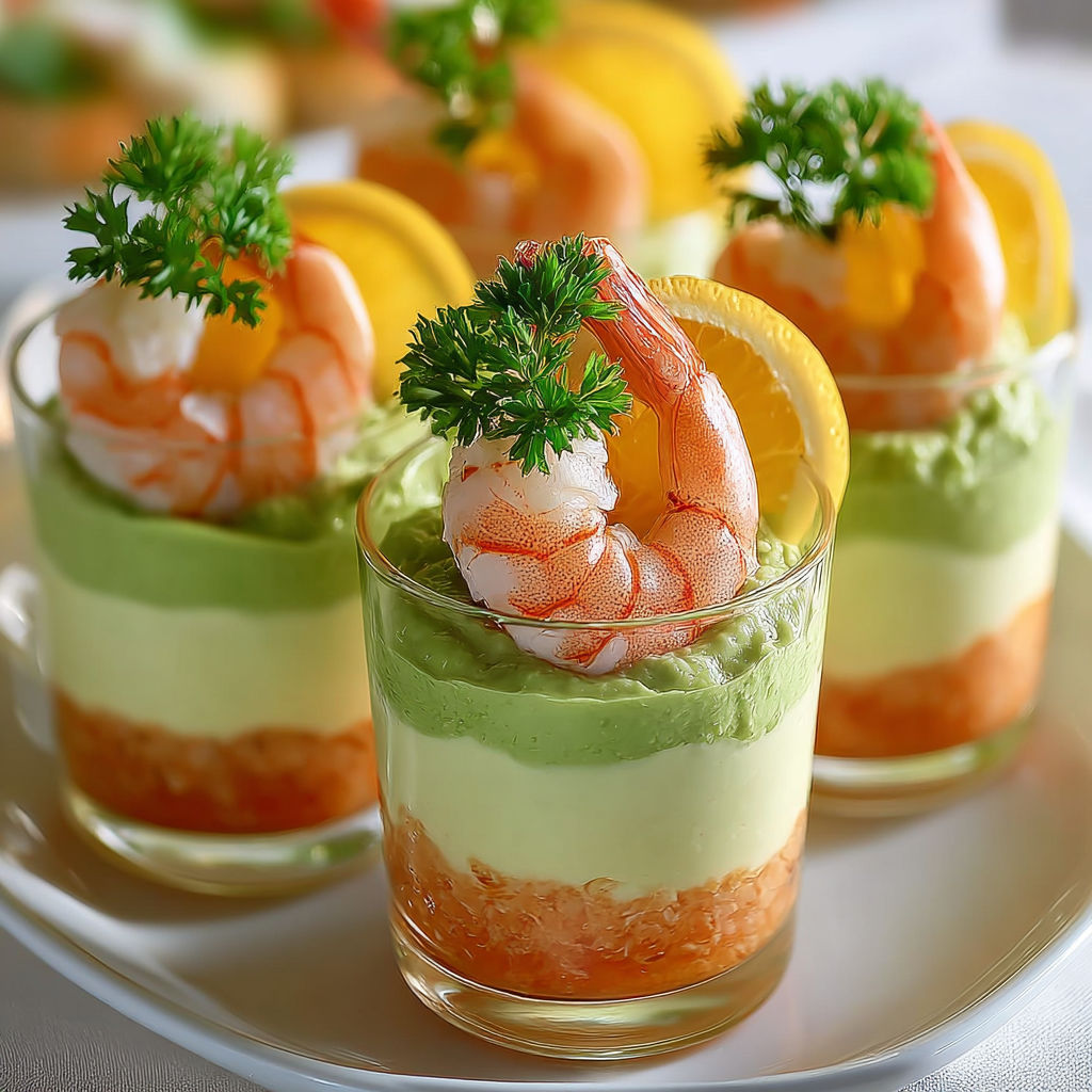Des verrines avec mousse d'avocat, crevettes et agrumes joliment présentées.