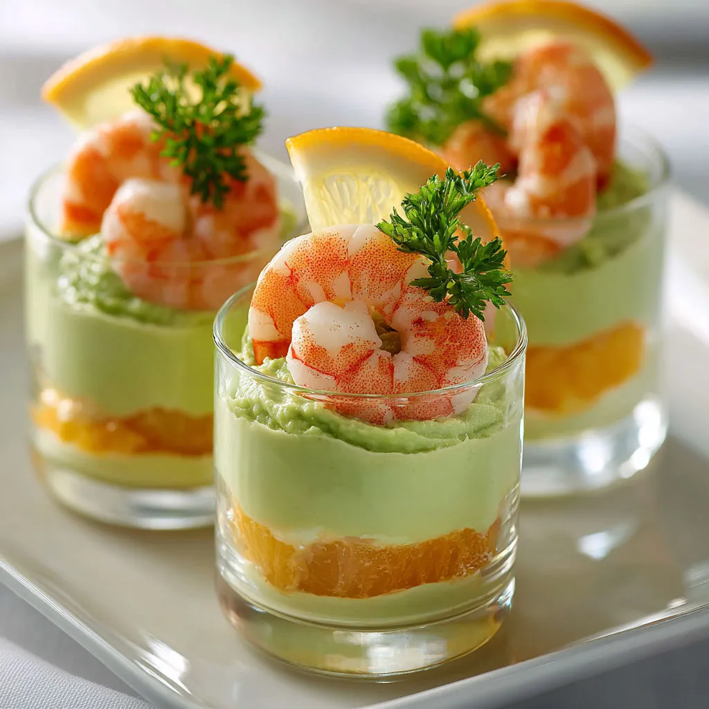 Verrine crevettes avocat et citron, à côté d'une salade verte, servie dans des verres.