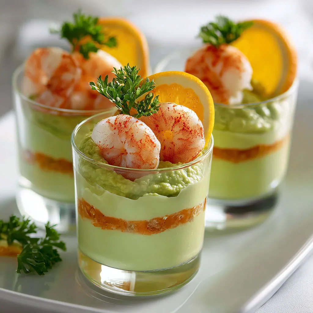 Dessert en verrine avec crevettes et tranches de citron.