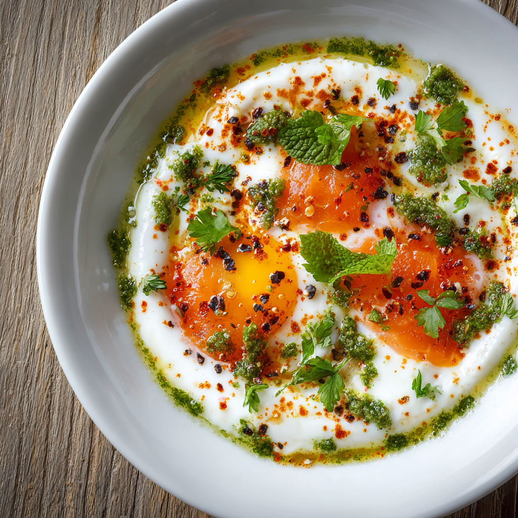 Plat coloré avec melon, saumon et pesto dans un bol blanc, sur une table rustique.