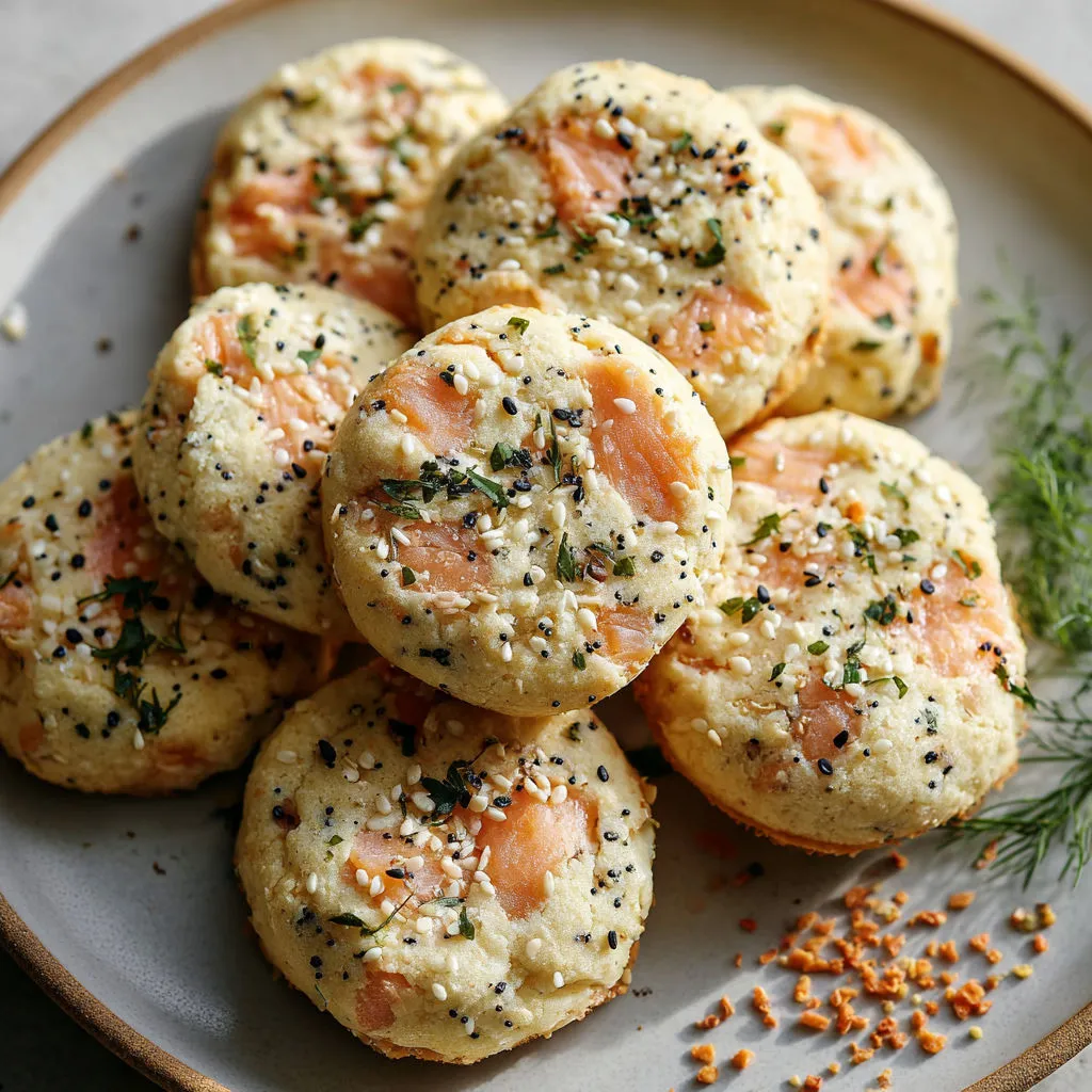 Une pile de biscuits au saumon, avec quelques grains de poivre et des herbes sur un plateau.