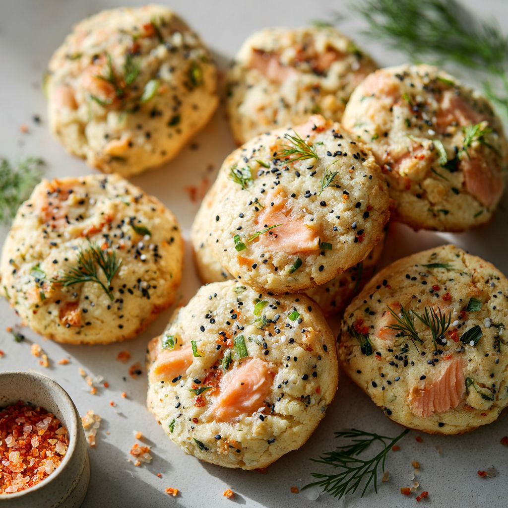 Biscuits au saumon avec des graines de lin et des herbes fraîches.