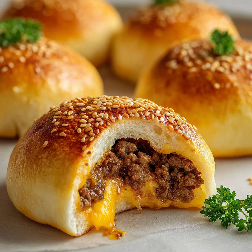 Des petits pains dorés avec des herbes et de la viande à l’intérieur.