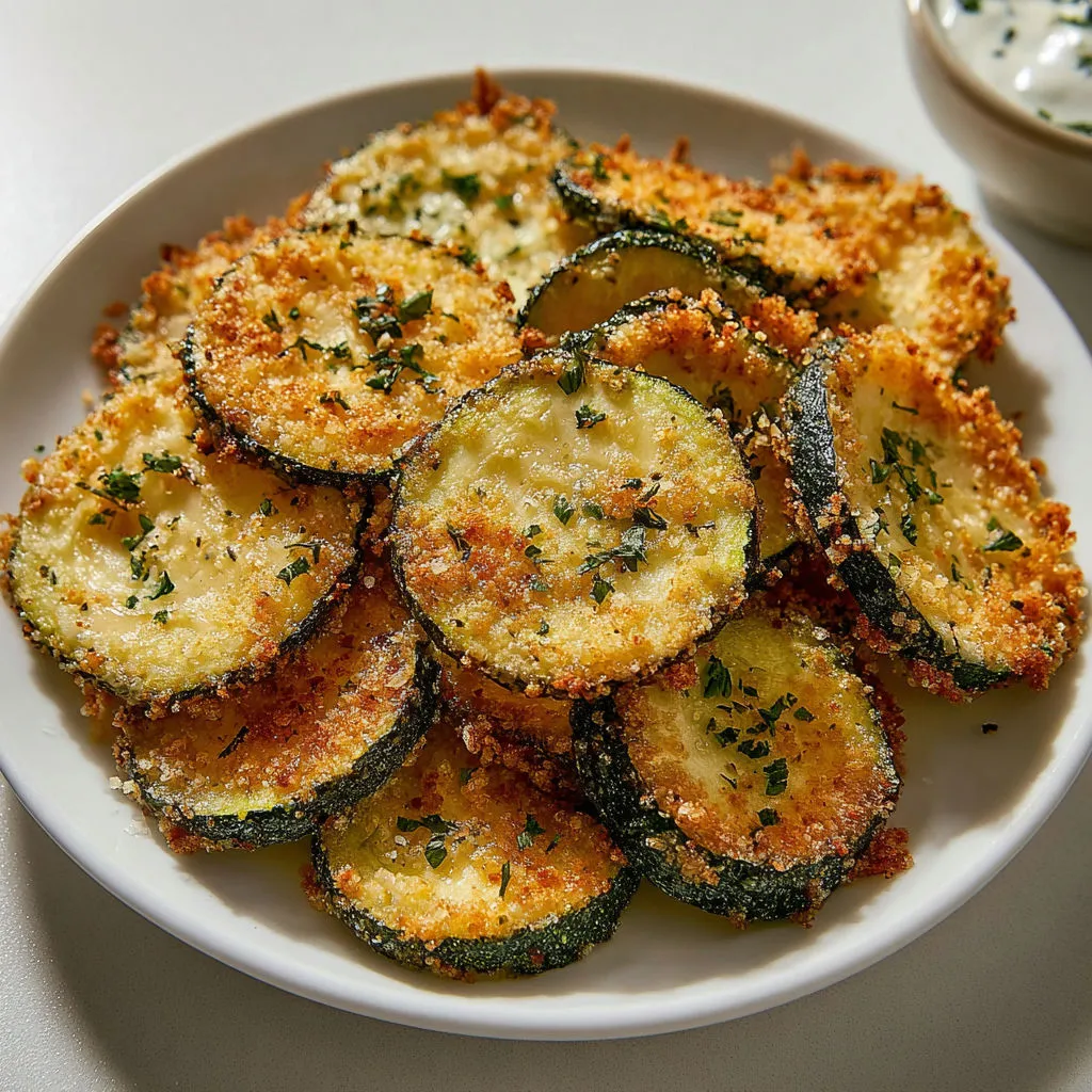 Assiette de chips courgette bien dorées, avec sauce verte et sauce blanche prêtes à tremper.