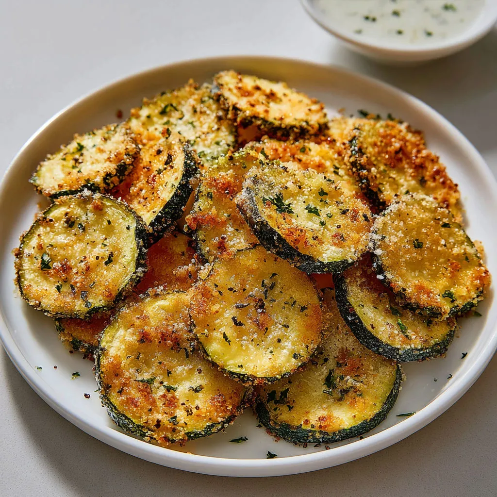 Chips de courgette dorées et légères, accompagnées de sauce blanche et d’herbes fraîches.