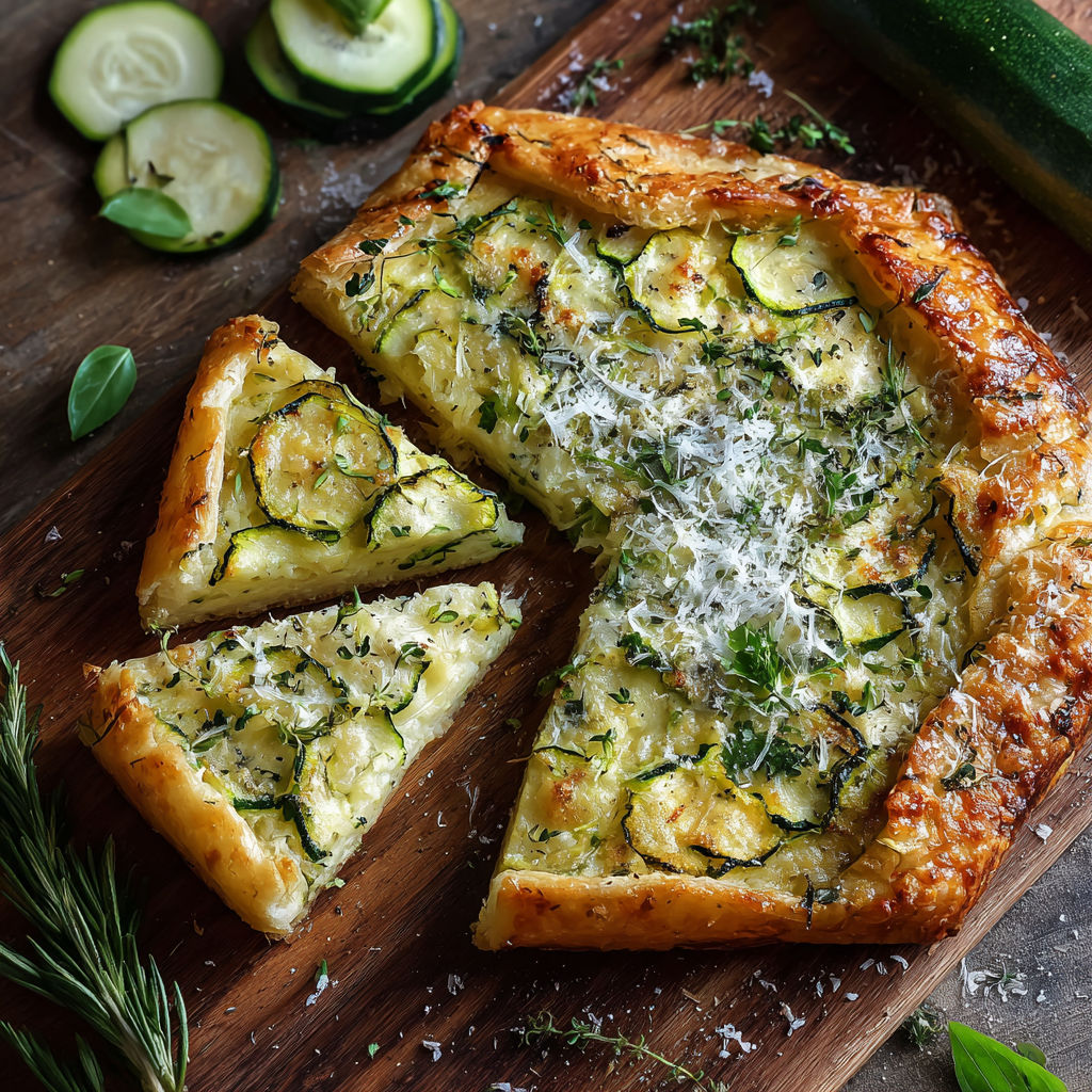 Galette dorée aux courgettes et parmesan posée sur un plateau de bois.