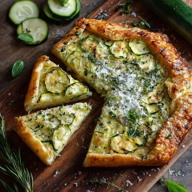 Galette dorée aux courgettes et parmesan posée sur un plateau de bois.