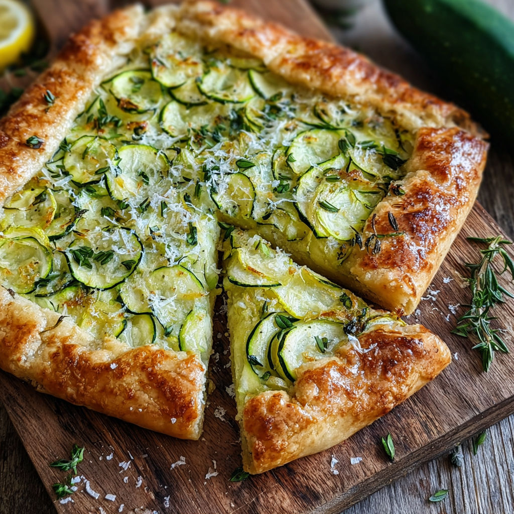 Une pizza faite maison avec courgettes et herbes fraîches.